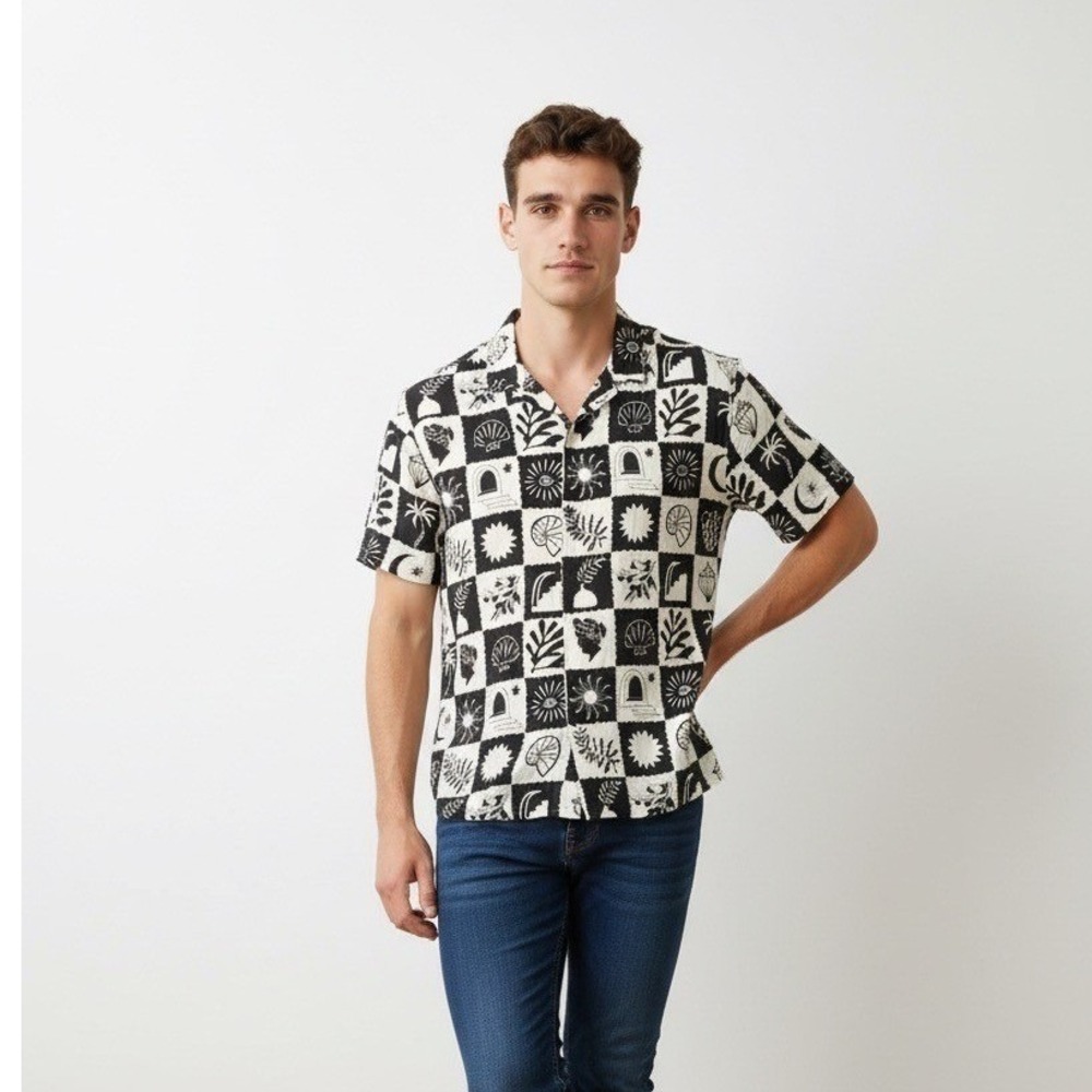 Kuwalla Montreal Black White Graphic Print Short Sleeve Button Up Shirt Men's L